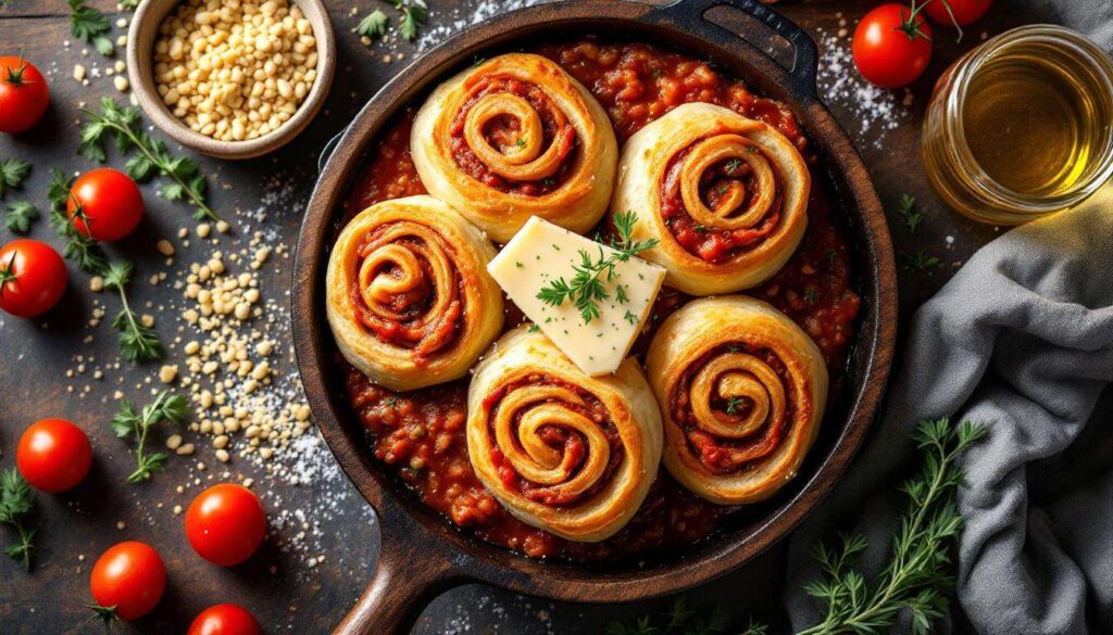 Herzhafte Nudelrollen aus dem Ofen – mit würziger Hackfleisch-Tomatensauce und Dinkelteig