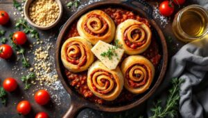 Herzhafte Nudelrollen aus dem Ofen – mit würziger Hackfleisch-Tomatensauce und Dinkelteig