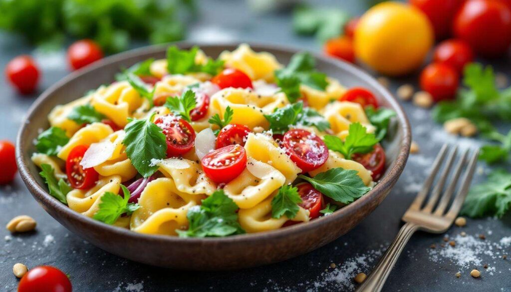 Vegetarischer Tortellini-Salat mit Joghurt-Zitronen-Dressing – schnell, frisch und sättigend