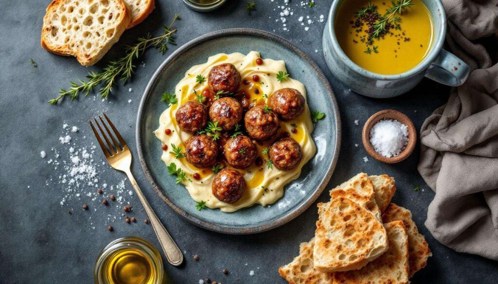 Rezept: Mini-Frikadellen mit Senf-Zwiebel-Chutney, Ciabatta & gerösteter Blumenkohlsuppe mit Trüffel im Glas