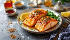 Airfryer-Lachs mit Honig-Senf-Glasur: knusprig außen, butterzart innen